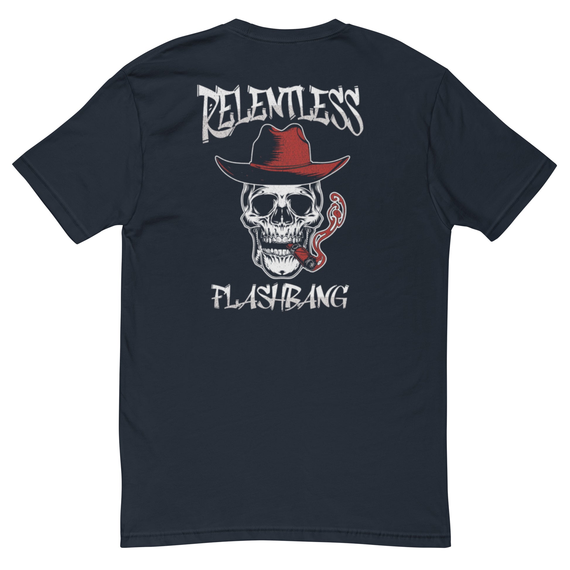 Relentless T-shirt – Skull Design with Cowboy Hat – Back View - Midnight Navy