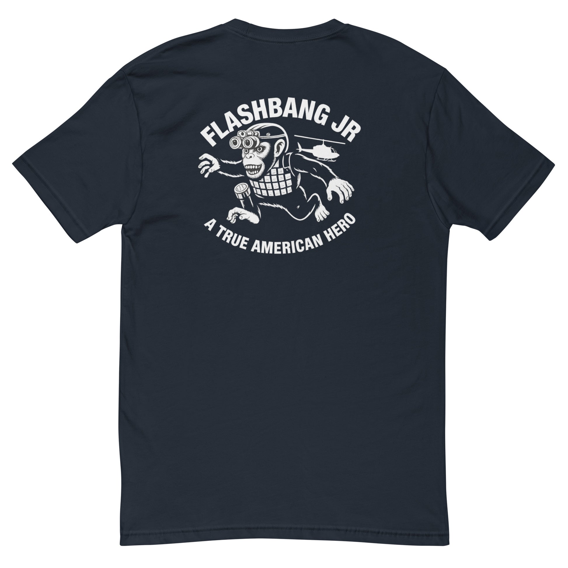 A True American Hero T-shirt featuring a military monkey graphic, honoring American heroism with a bold, fun design - Back View - Midnight Navy