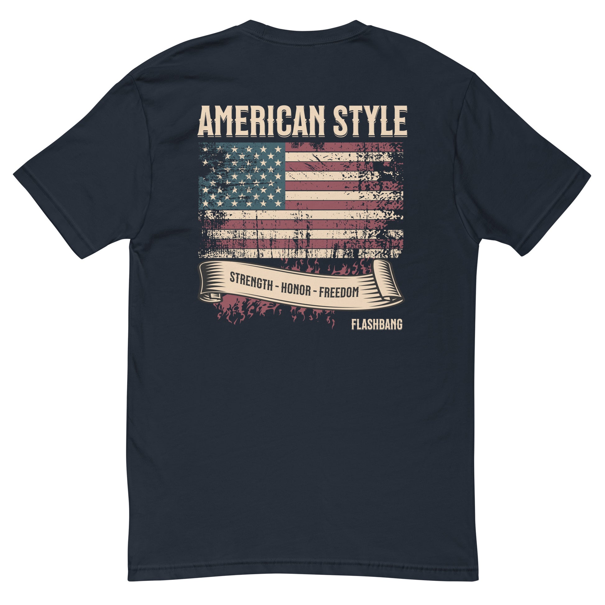 American Style T-shirt featuring USA flag and Strength Honor Freedom message, designed for veterans and patriots - Back View - Midnight Navy