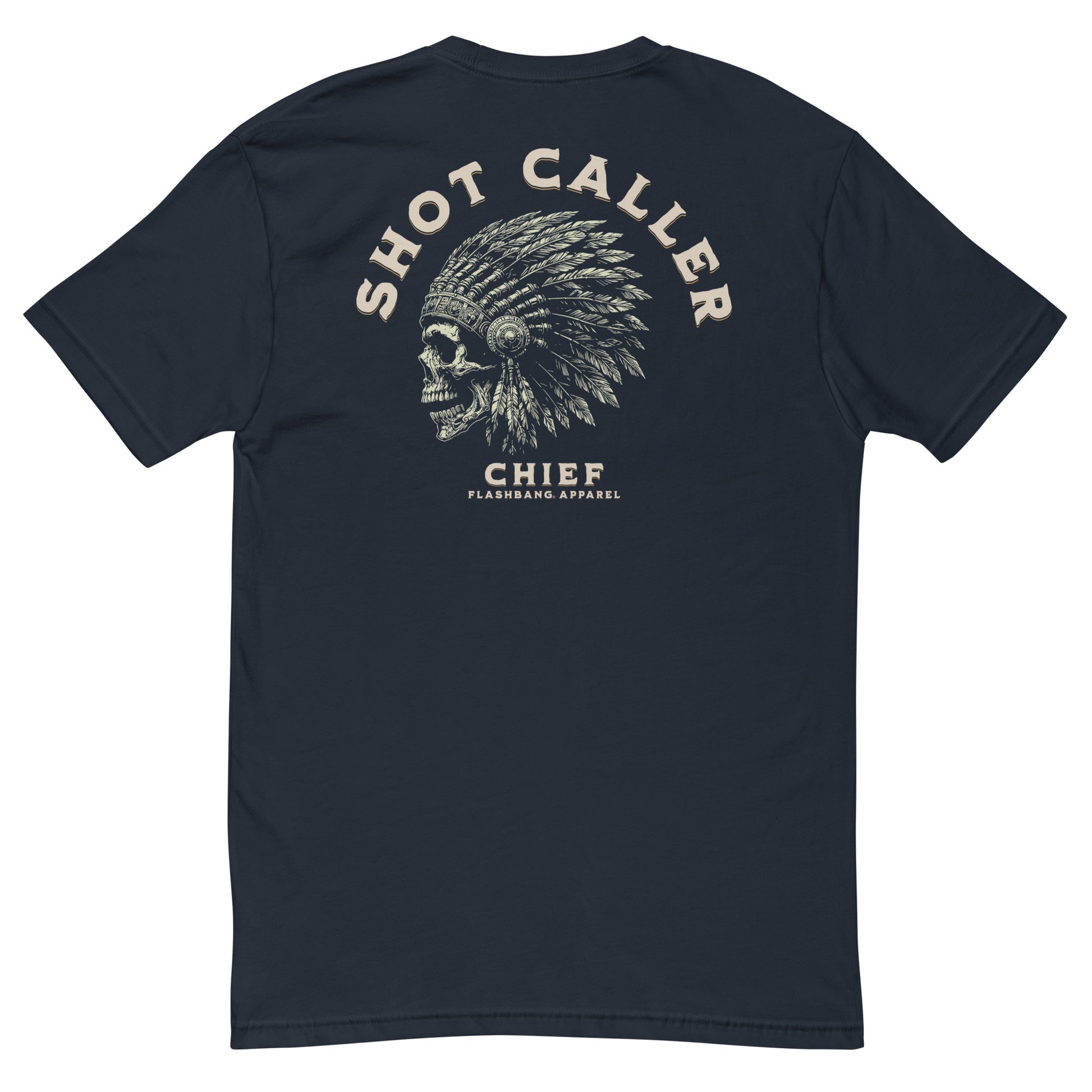 Shot Caller T-shirt featuring a skull design, honoring police and military veterans with durability and comfort.- Back View - Midnight Navy