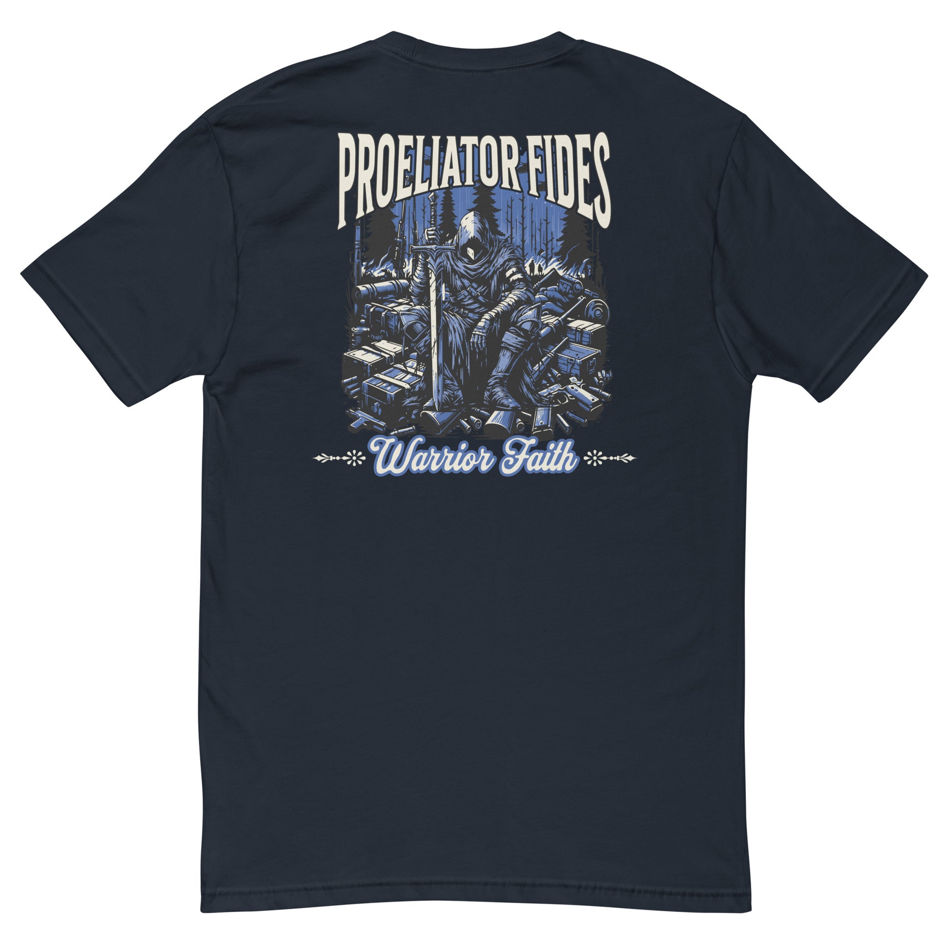 Warrior Faith T-shirt featuring a fighter graphic, symbolizing strength, resilience, and honor, perfect for veterans and those who serve - Back View - Midnight Navy
