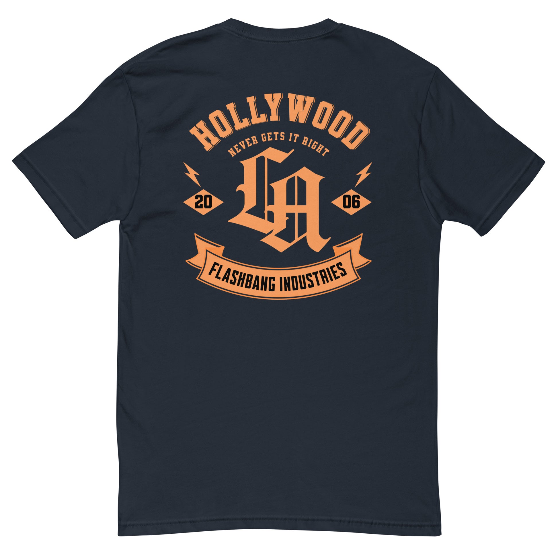 Hollywood Never Gets It Right T-shirt featuring a bold LA graphic and Hollywood vintage tees - Back View - Midnight Navy