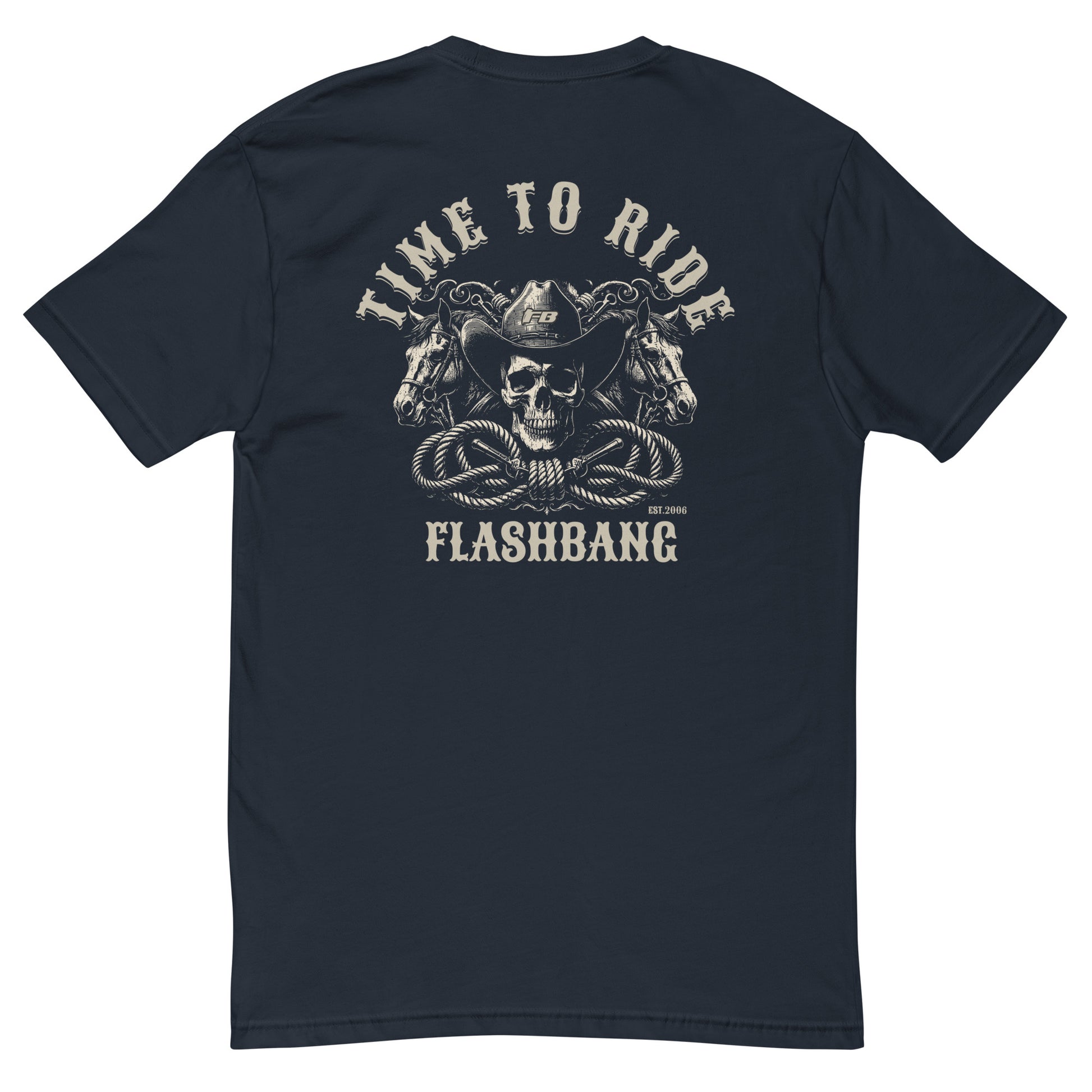 Time to Ride T-shirt with cowboy skull and horse graphic, perfect for men who love Western-style shirts and rugged, durable apparel - Back View - Midnight Navy