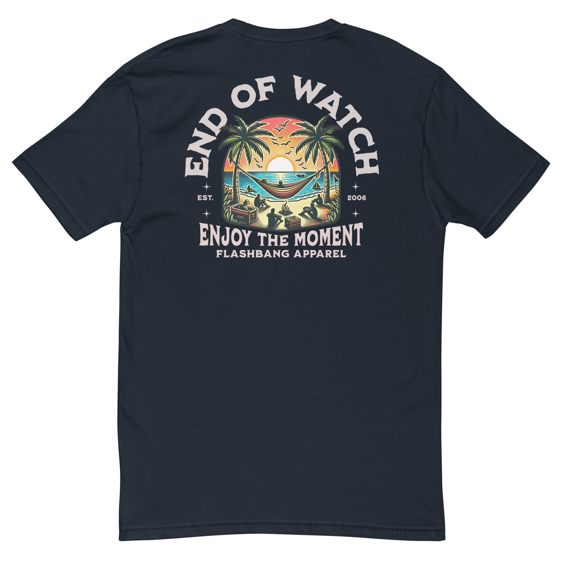 End of Watch T-shirt with palm tree design and summer beach vibes - Back View - Midnight Navy