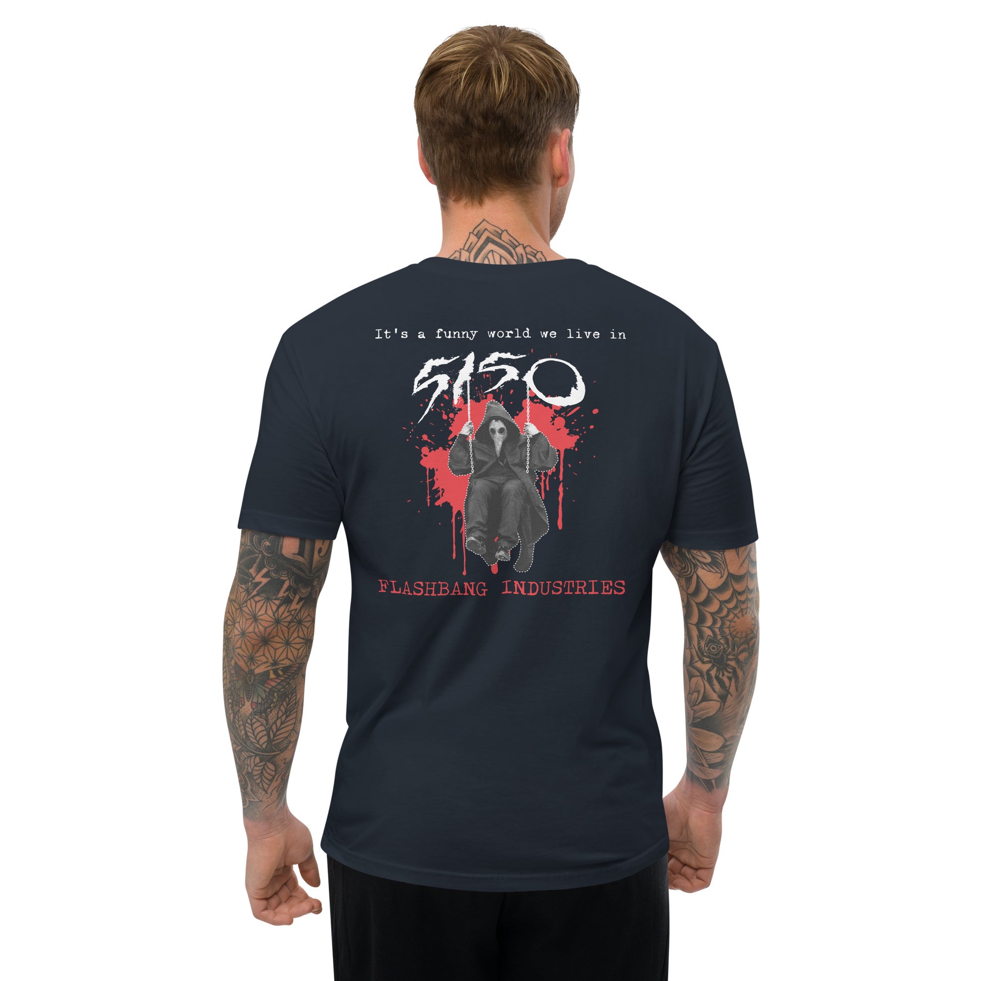 Funny World 5150 T-shirt honoring mental health awareness - Back View - Midnight Navy - Model Guy