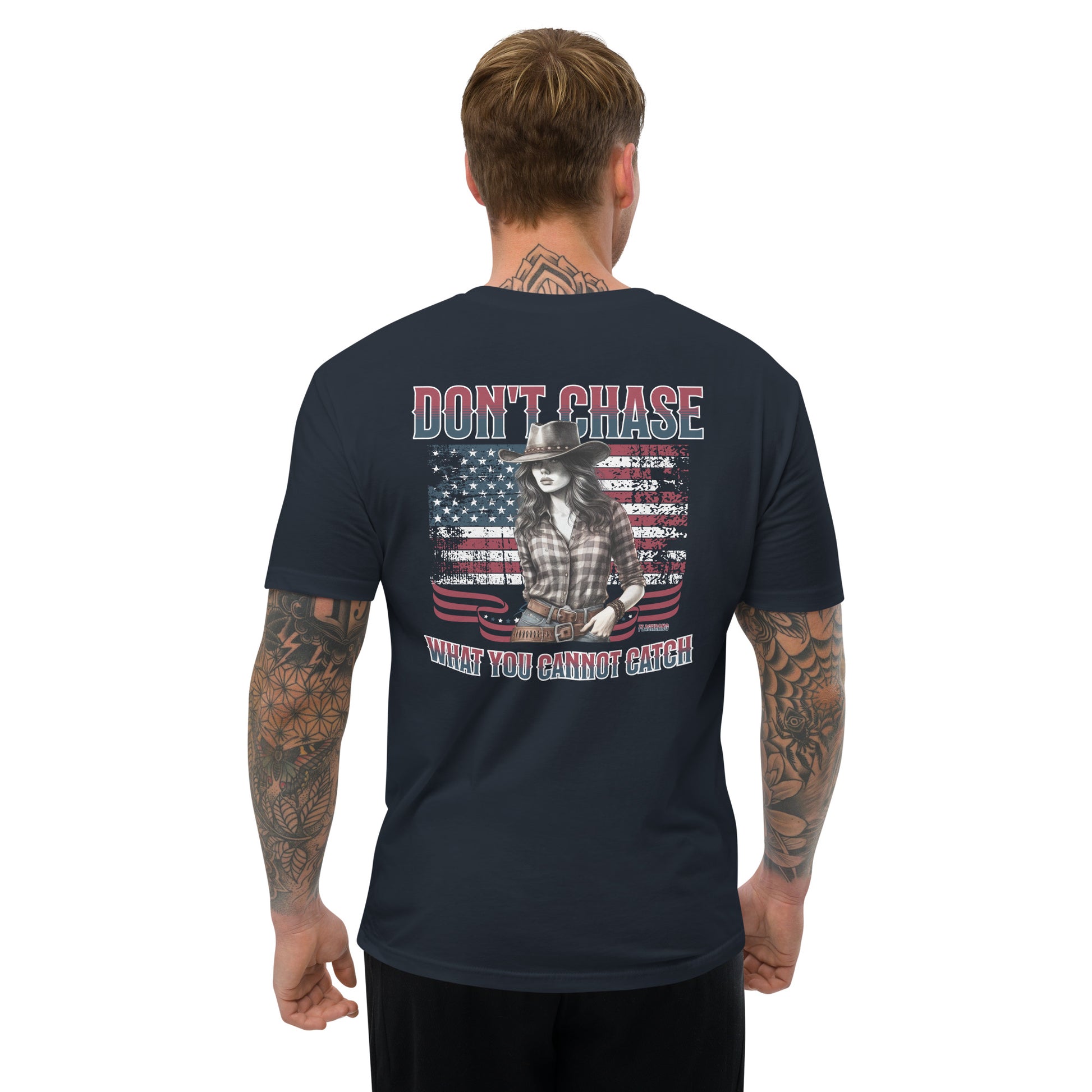 Don't Chase T-shirt – Cowgirl Western shirt for men, ideal for rodeo and Western fashion fans - Back View- Midnight Navy - Model Guy