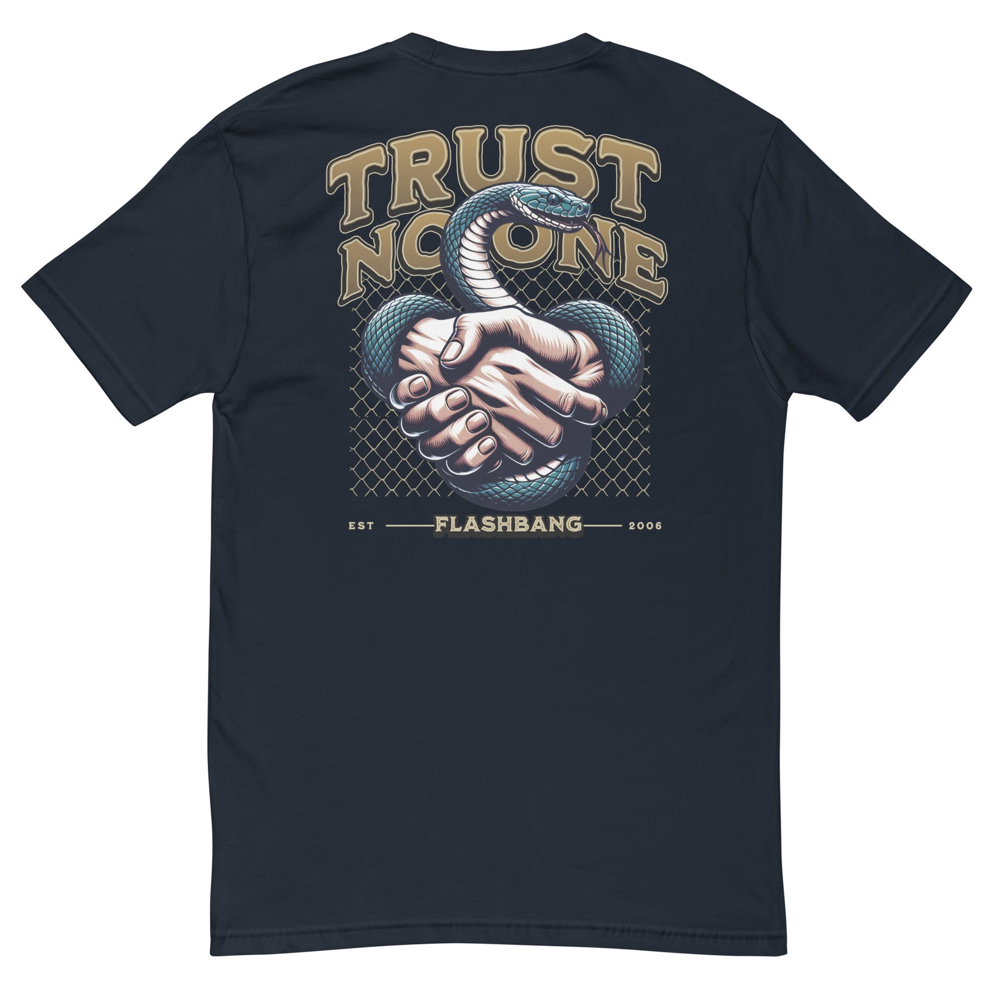 Trust No One T-shirt with bold graphic design featuring a snake and handshake - Back View - Midnight Navy