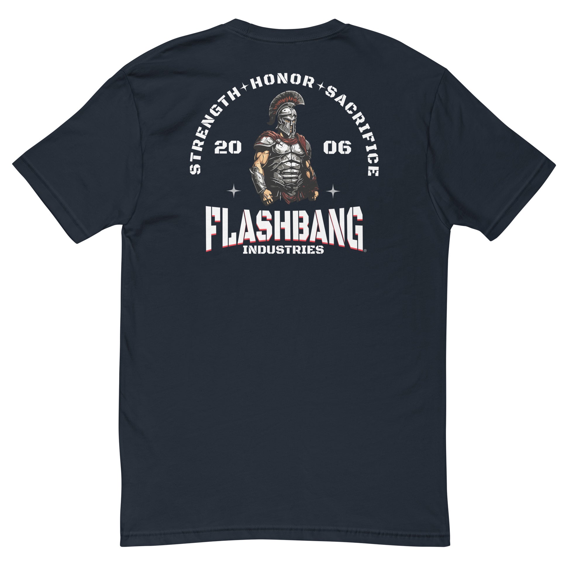 Black t-shirt with graphic design and text on a white background