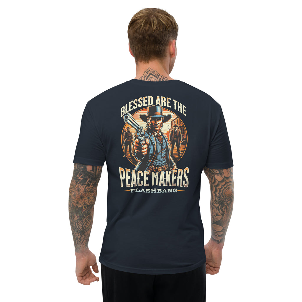 Blessed Are The Peacemakers T-shirt featuring a cowboy graphic, honoring peacekeepers with a bold western design for men - Back View - Midnight Navy - Model Guy