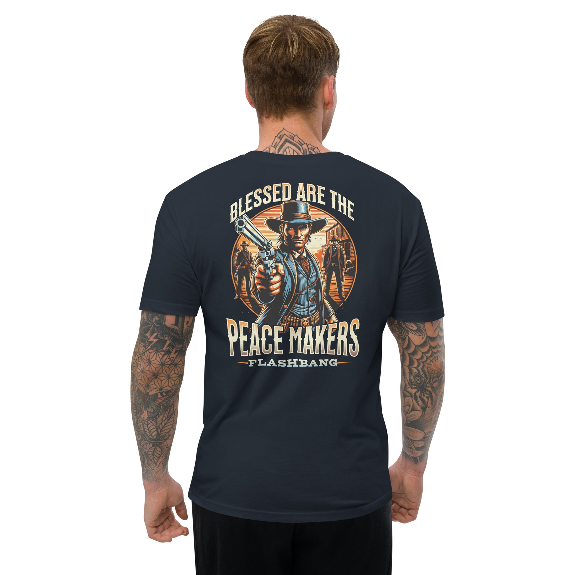 Blessed Are The Peacemakers T-shirt featuring a cowboy graphic, honoring peacekeepers with a bold western design for men - Back View - Midnight Navy - Model Guy