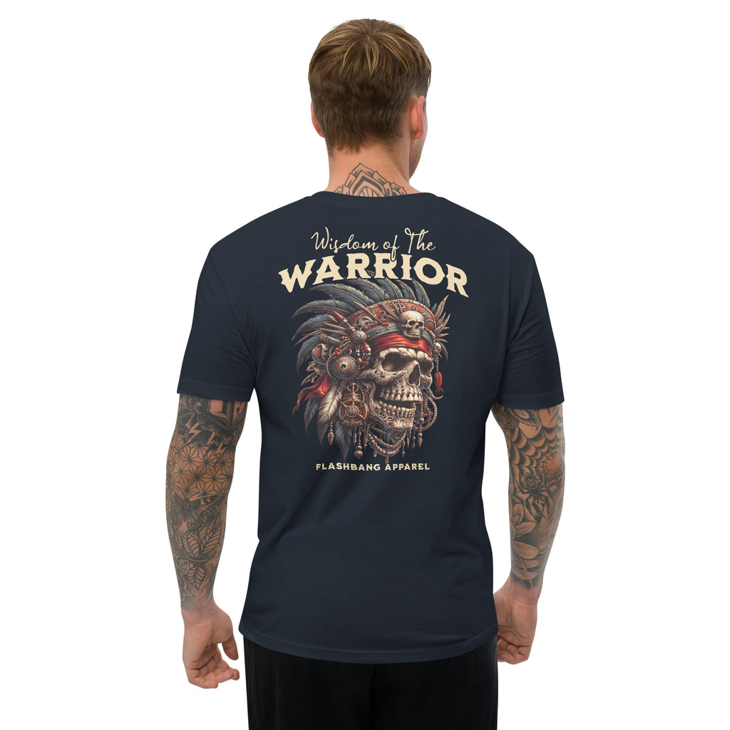 Wisdom Of The Warrior T-shirt featuring bold warrior skull artwork, unique tribal style, and detailed warrior t shirt designs - Back View - Midnight Navy - Model Guy