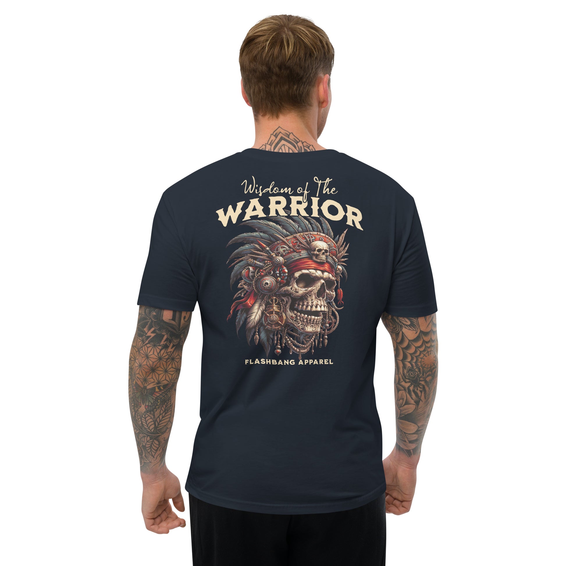 Wisdom Of The Warrior T-shirt featuring bold warrior skull artwork, unique tribal style, and detailed warrior t shirt designs - Back View - Midnight Navy - Model Guy