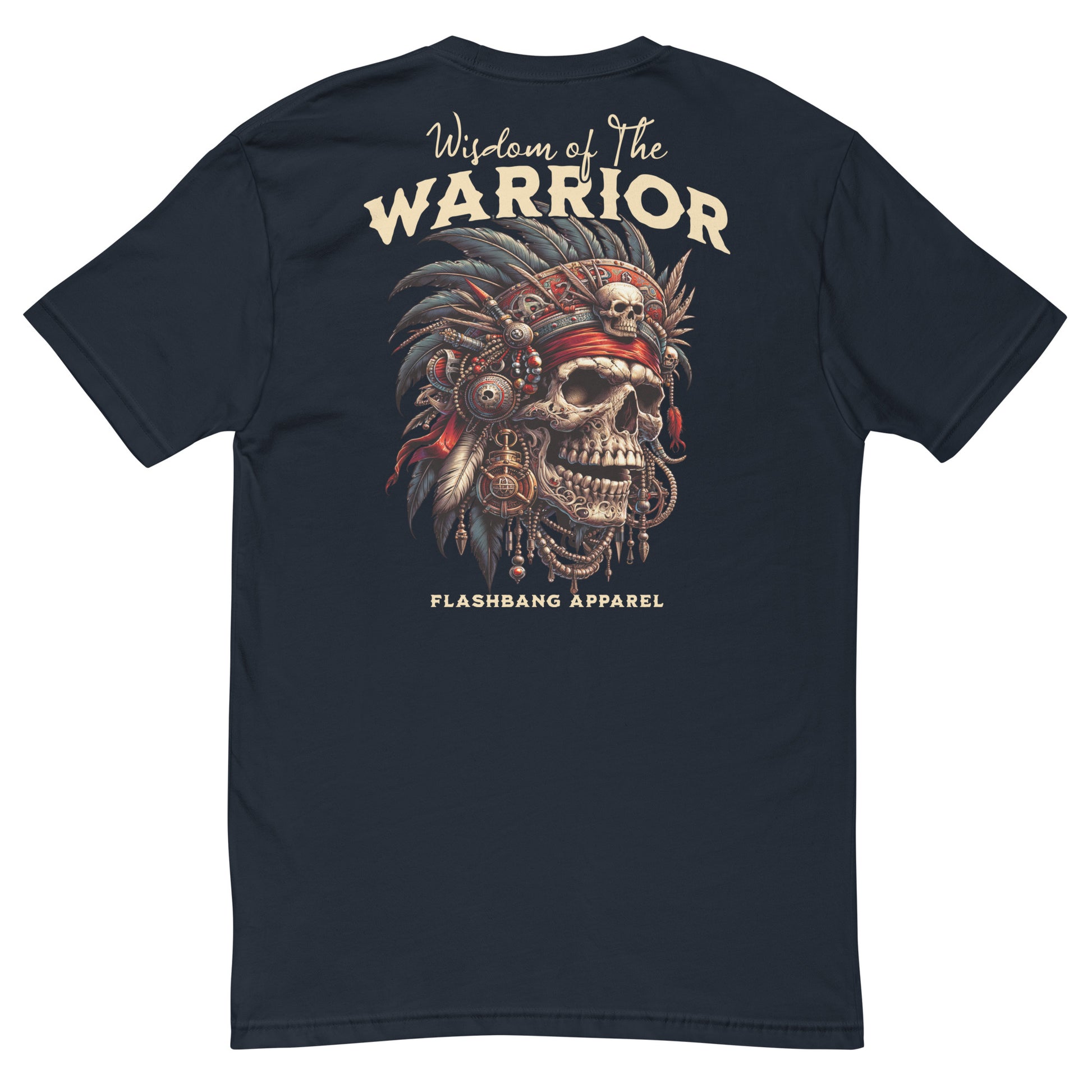 Wisdom Of The Warrior T-shirt featuring bold warrior skull artwork, unique tribal style, and detailed warrior t shirt designs - Back View - Midnight Navy