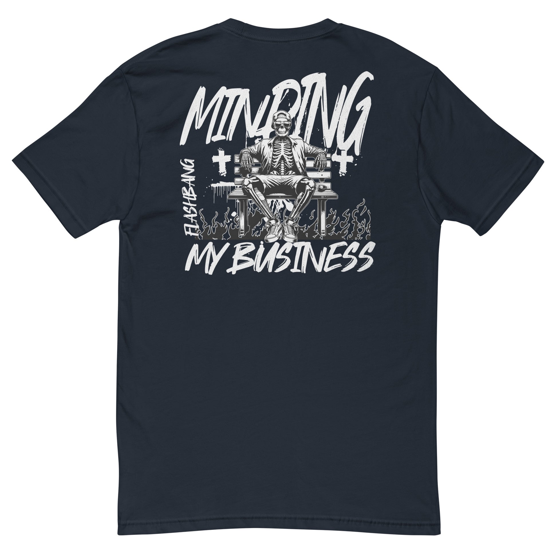 Black t-shirt with white graphic and text on a white background