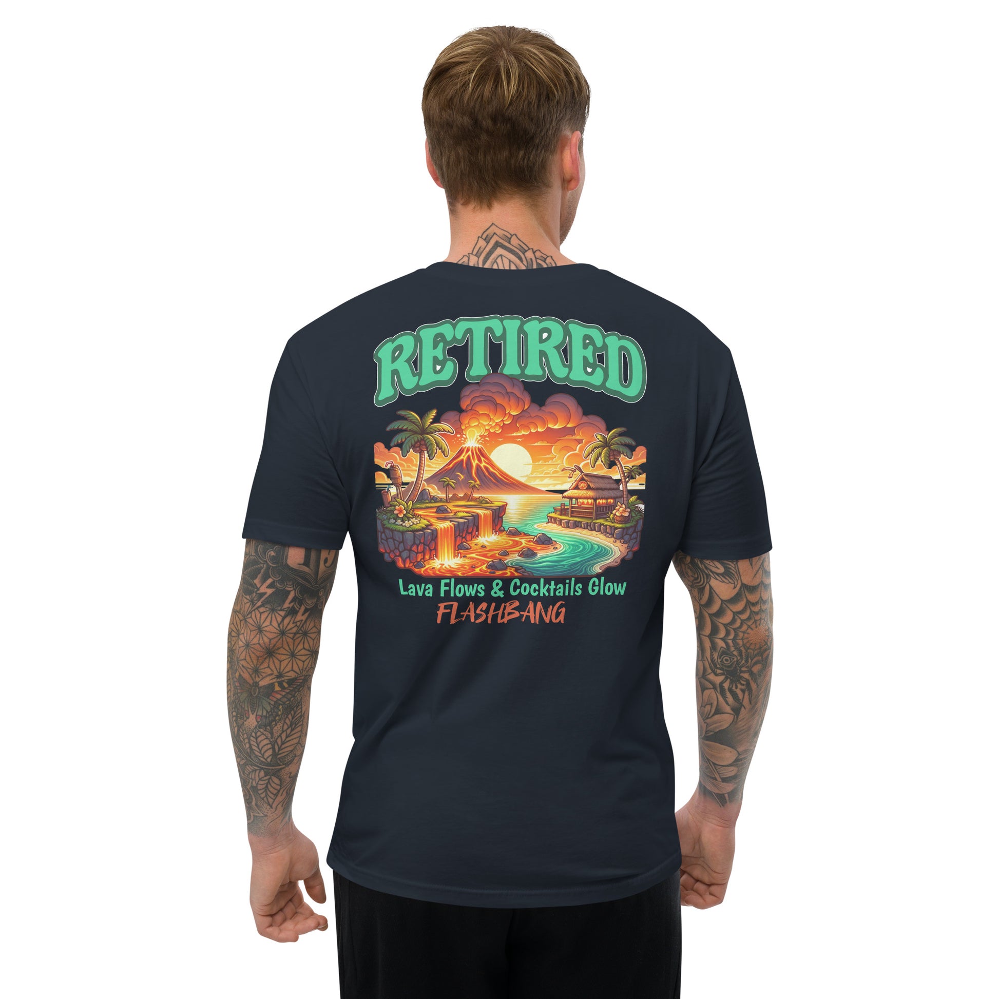 Man wearing a black t-shirt with a colorful graphic and 'RETIRED' text on the back.