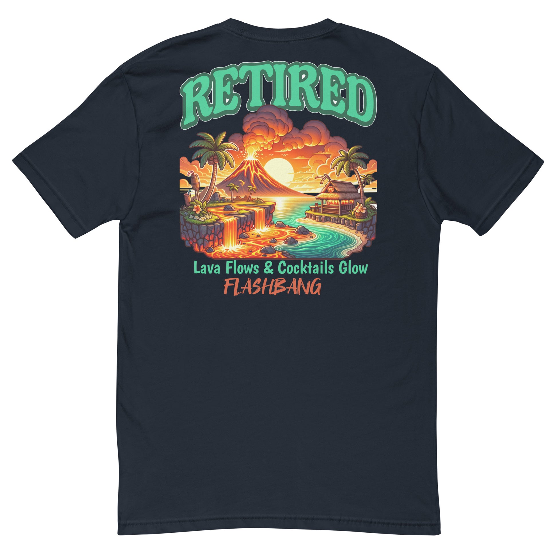 Black t-shirt with a colorful graphic design on the back featuring a volcano, palm trees, and text.