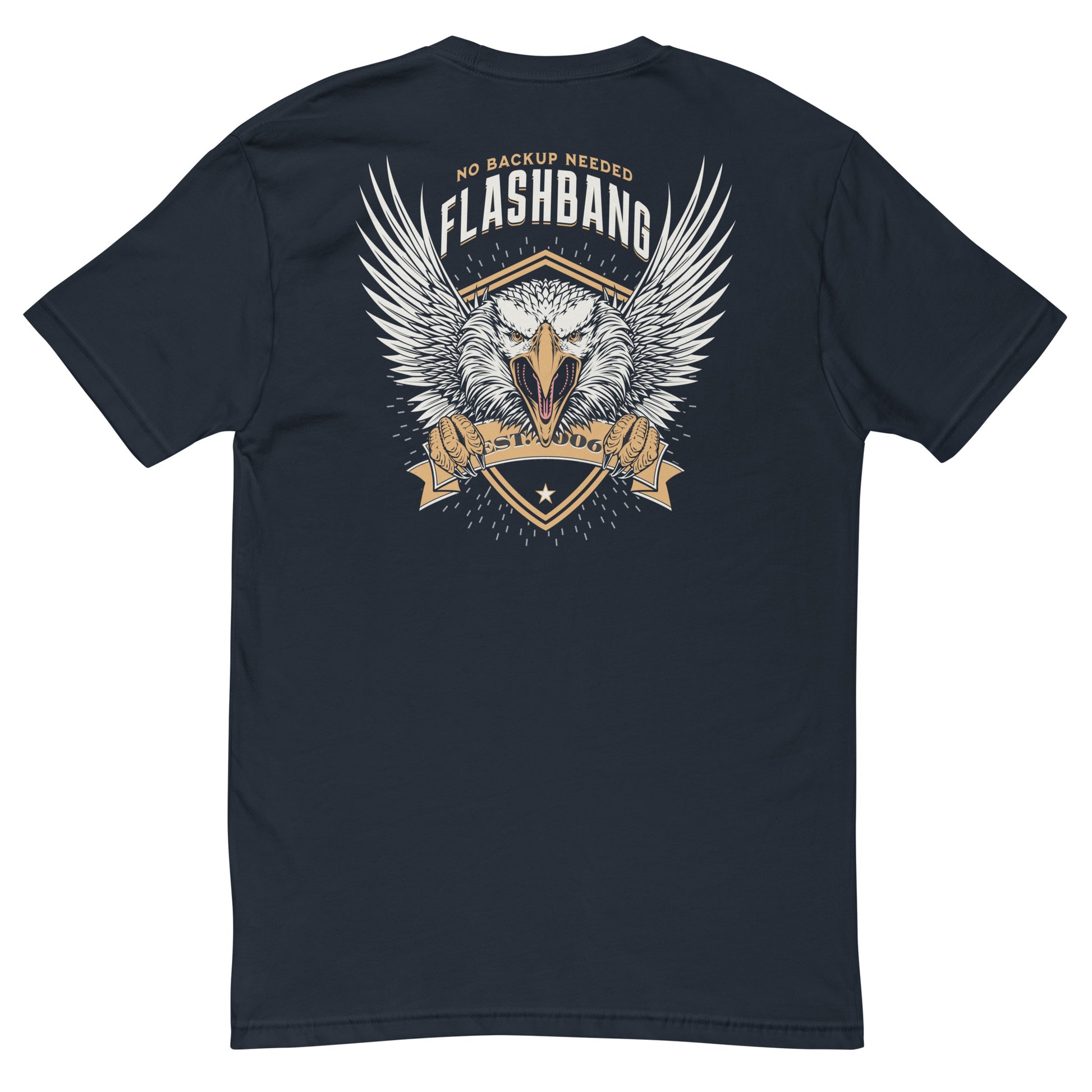 Black t-shirt with an eagle graphic and text on the back, displayed on a white background.
