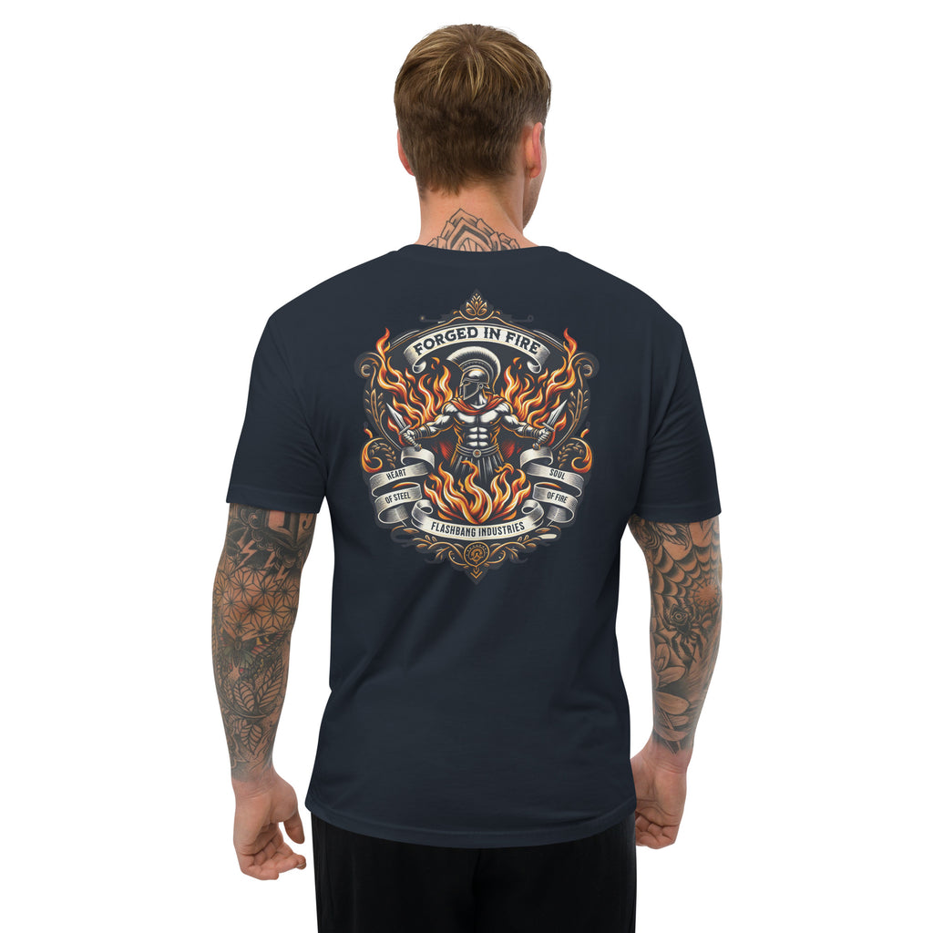 Forged in Fire Lite T-shirt featuring Spartan graphic, ideal for firefighters and those who embody strength and courage - Back View - Midnight Navy - Model Guy