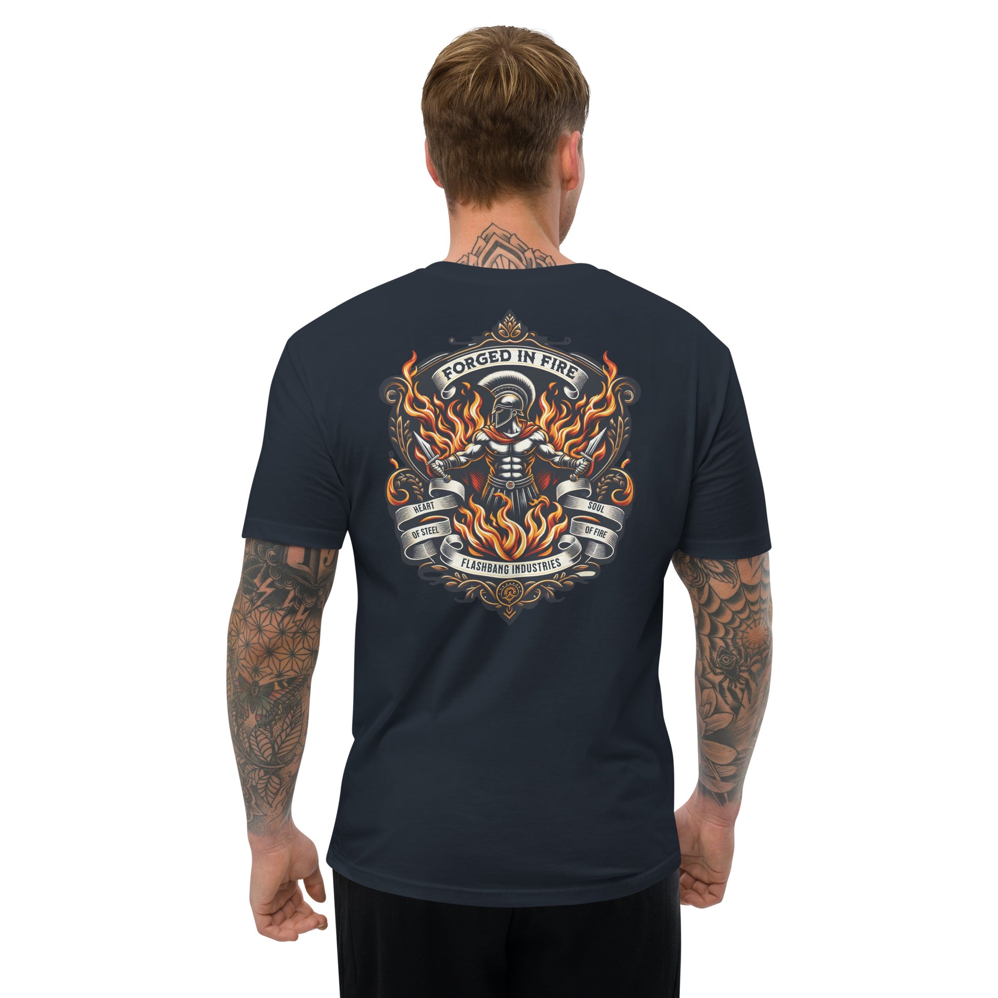 Forged in Fire Lite T-shirt featuring Spartan graphic, ideal for firefighters and those who embody strength and courage - Back View - Midnight Navy - Model Guy