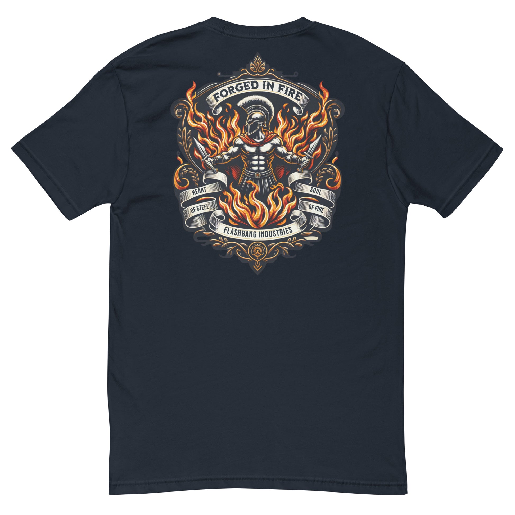 Forged in Fire Lite T-shirt featuring Spartan graphic, ideal for firefighters and those who embody strength and courage - Back View - Midnight Navy
