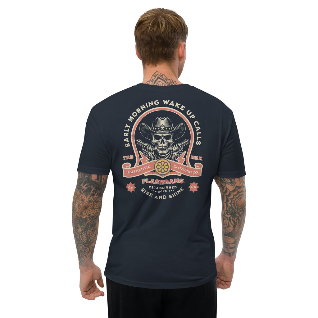 Wake Up Call T-shirt with bold cowboy-inspired western graphic design, rugged western style shirt for men - Back View - Midnight Navy - Model Guy