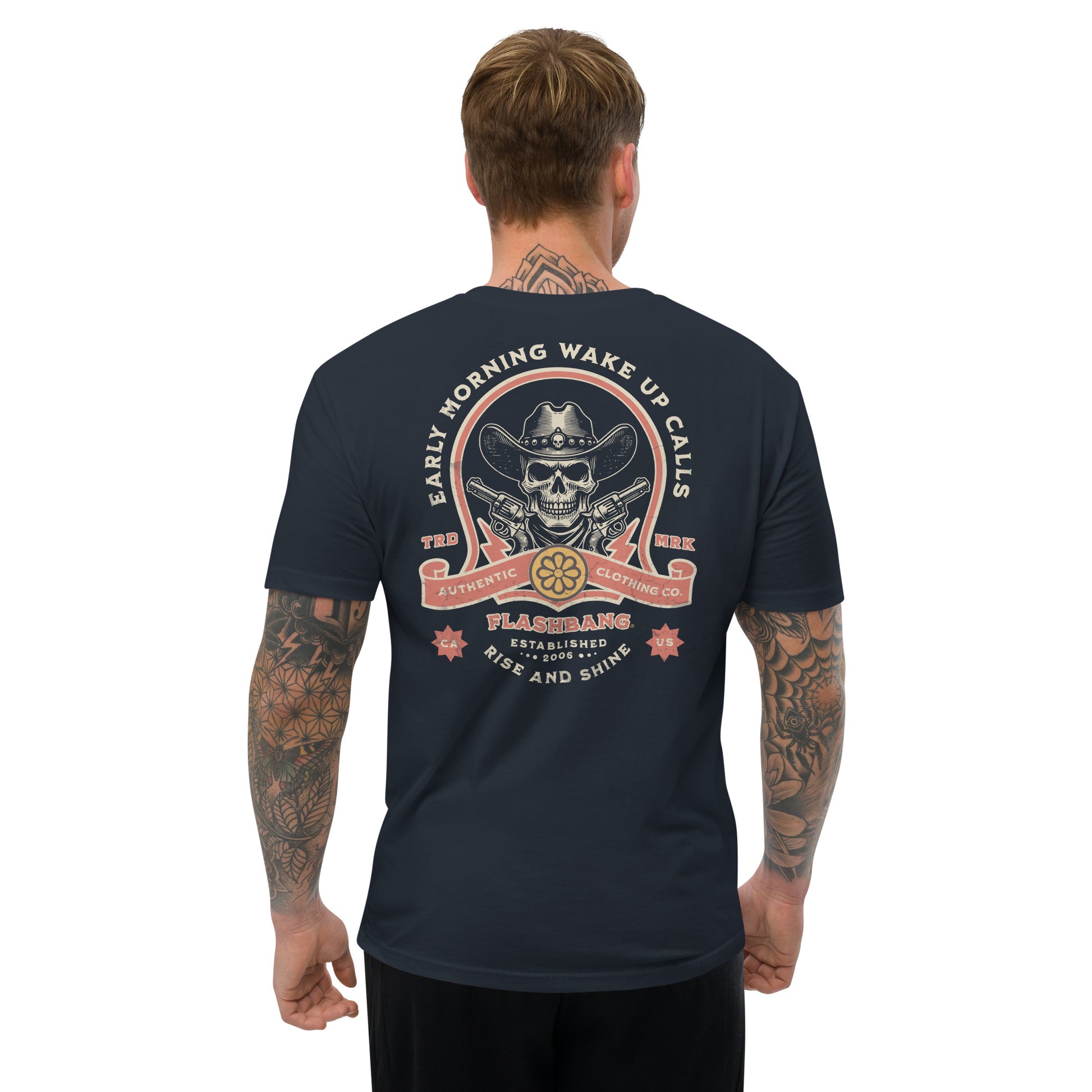 Wake Up Call T-shirt with bold cowboy-inspired western graphic design, rugged western style shirt for men - Back View - Midnight Navy - Model Guy