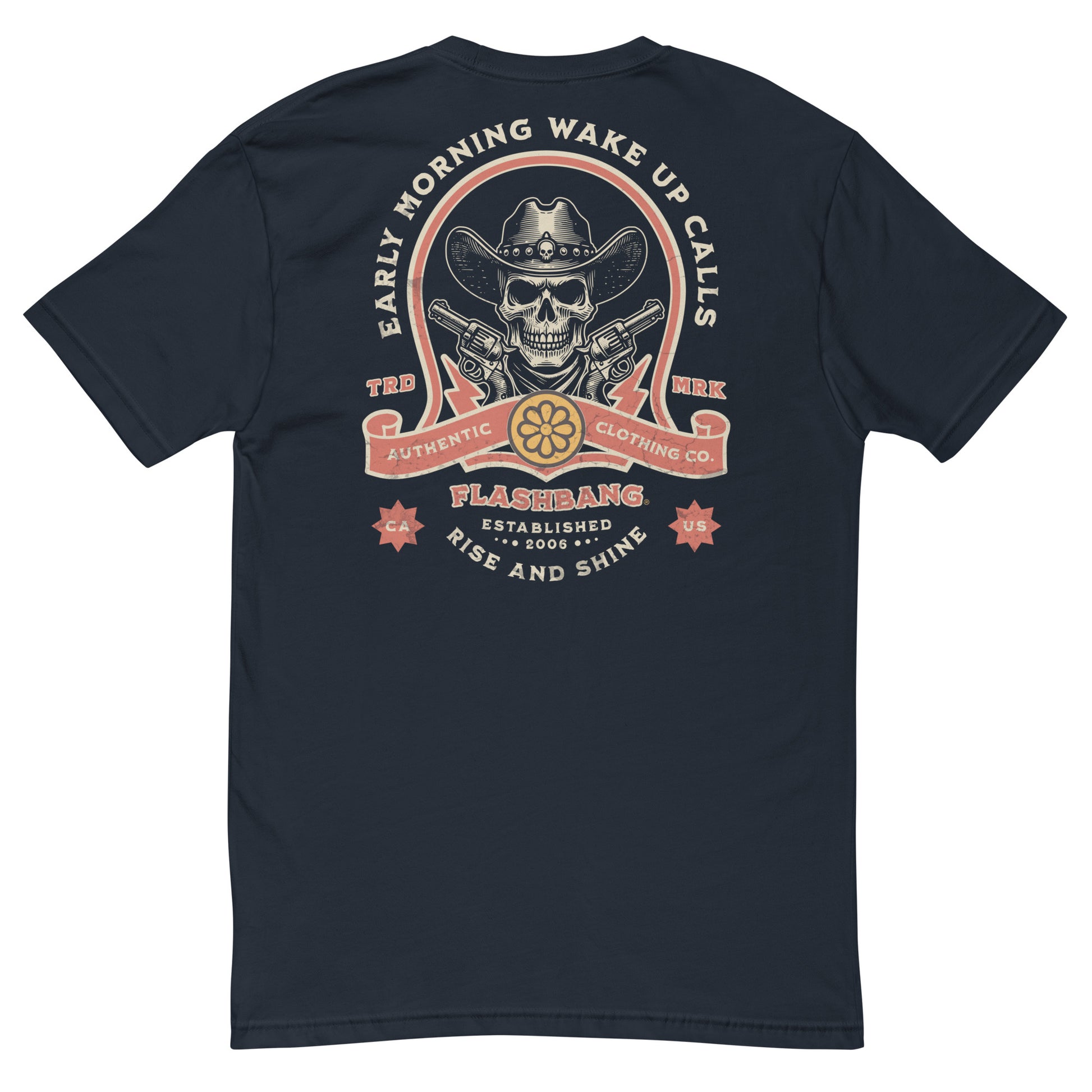 Wake Up Call T-shirt with bold cowboy-inspired western graphic design, rugged western style shirt for men - Back View - Midnight Navy