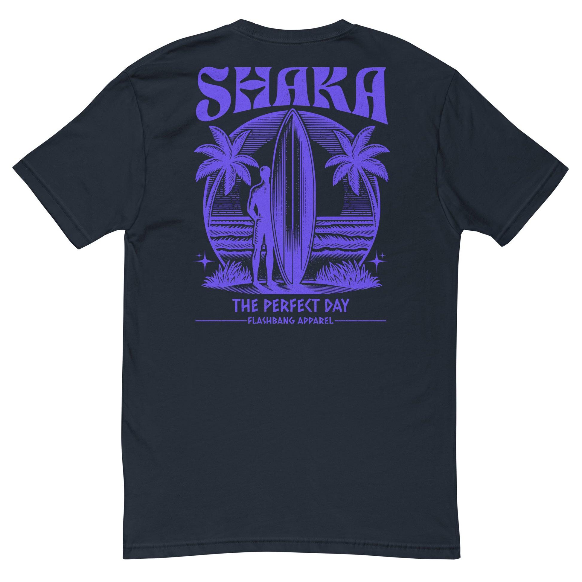 Black t-shirt with purple 'Shaka' and 'The Perfect Day' graphic on a white background