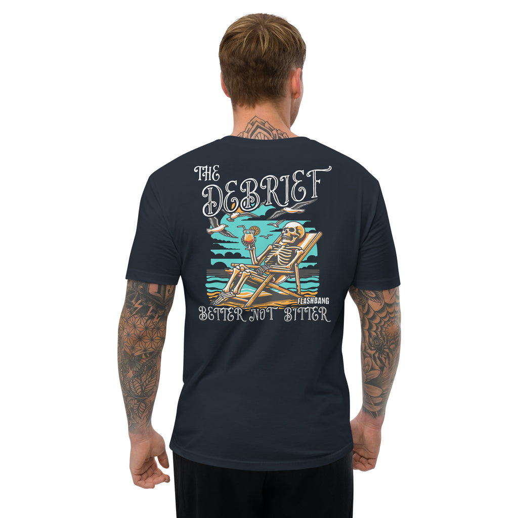 Man wearing a black t-shirt with a skeleton design and text on the back, on a white background.