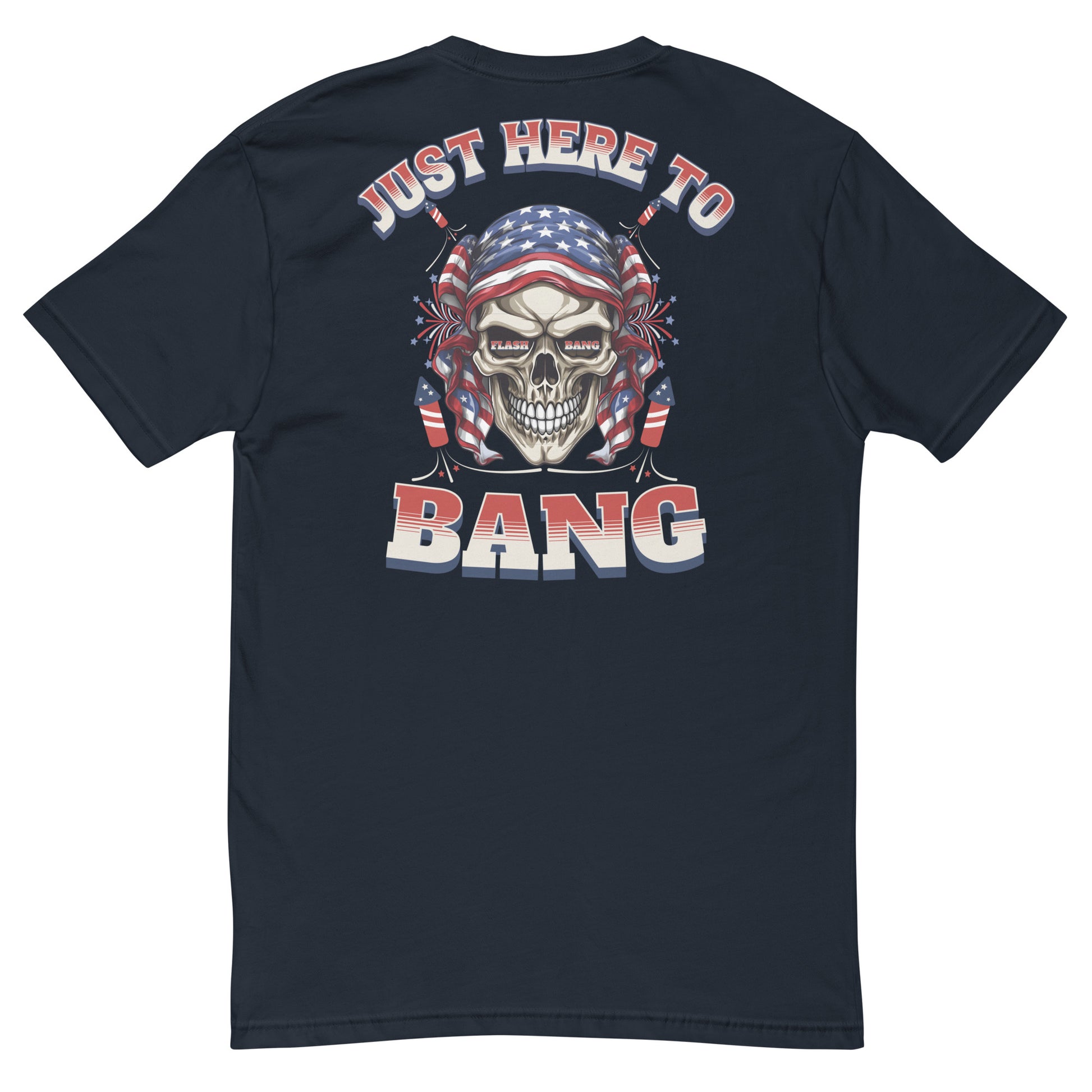 Black t-shirt with a skull design and text 'Just Here To Bang' on a white background