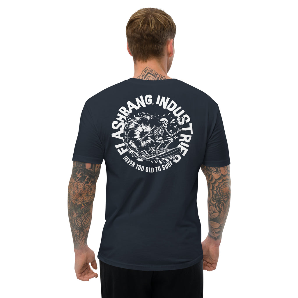 Man wearing a navy blue t-shirt with white graphic design on the back, on a white background