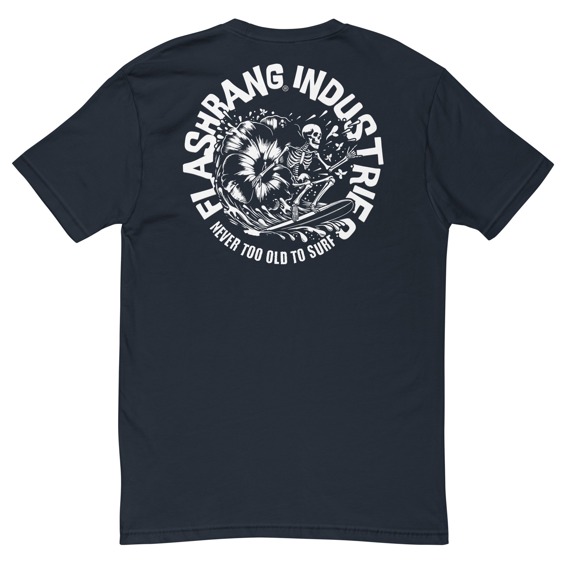 Black t-shirt with white graphic design on the back on a white background