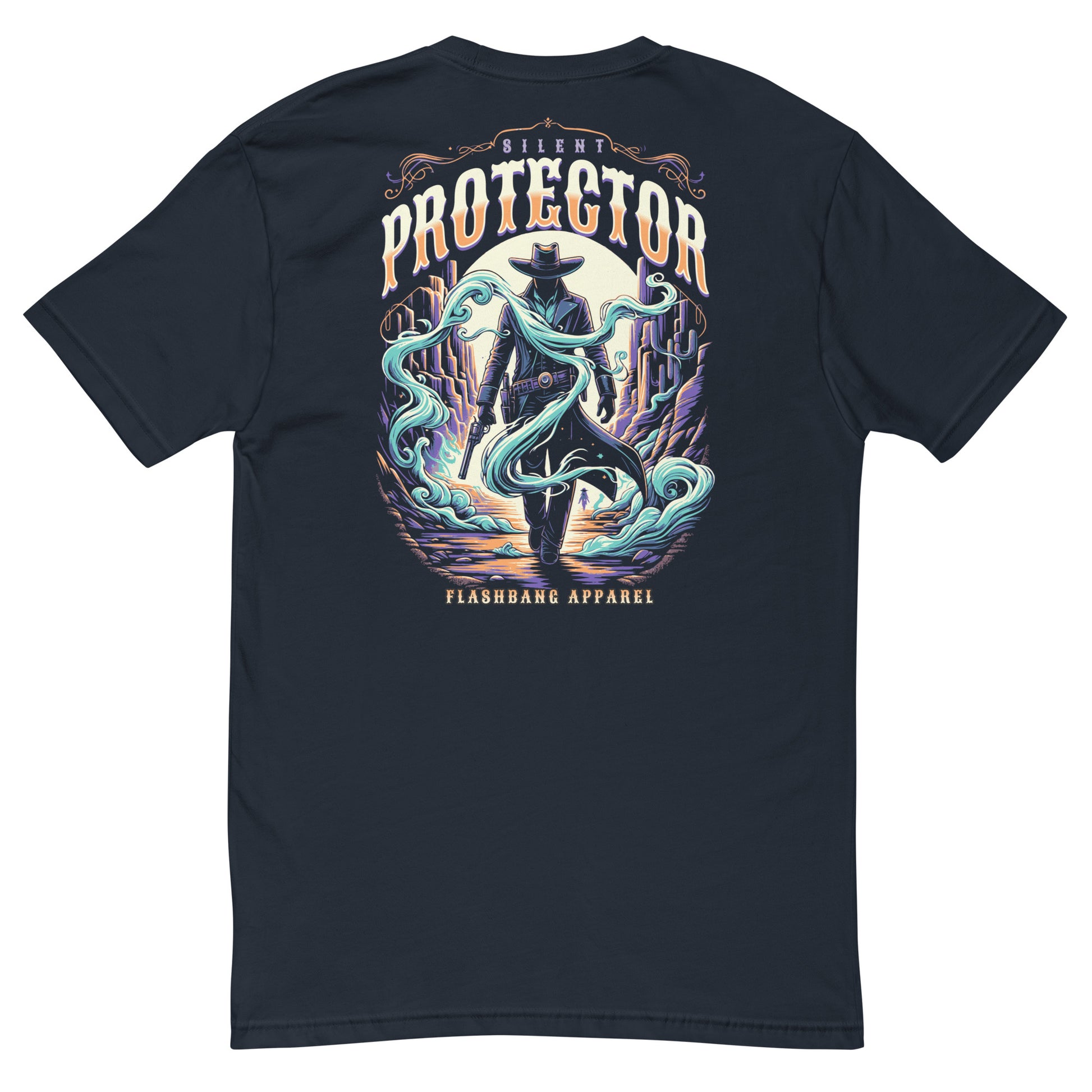 Black t-shirt with a colorful graphic design on the back featuring a cowboy and text 'Silent Protector' by Flashbang Apparel.
