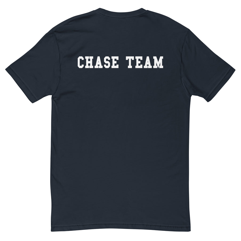 Black t-shirt with 'CHASE TEAM' text on the back against a white background