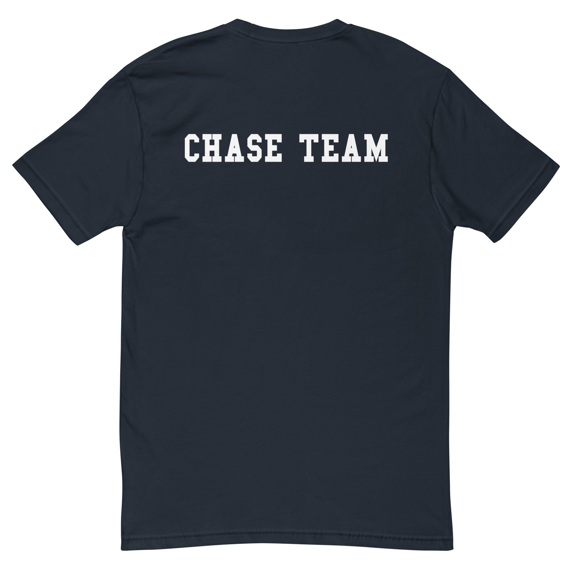 Black t-shirt with 'CHASE TEAM' text on the back against a white background