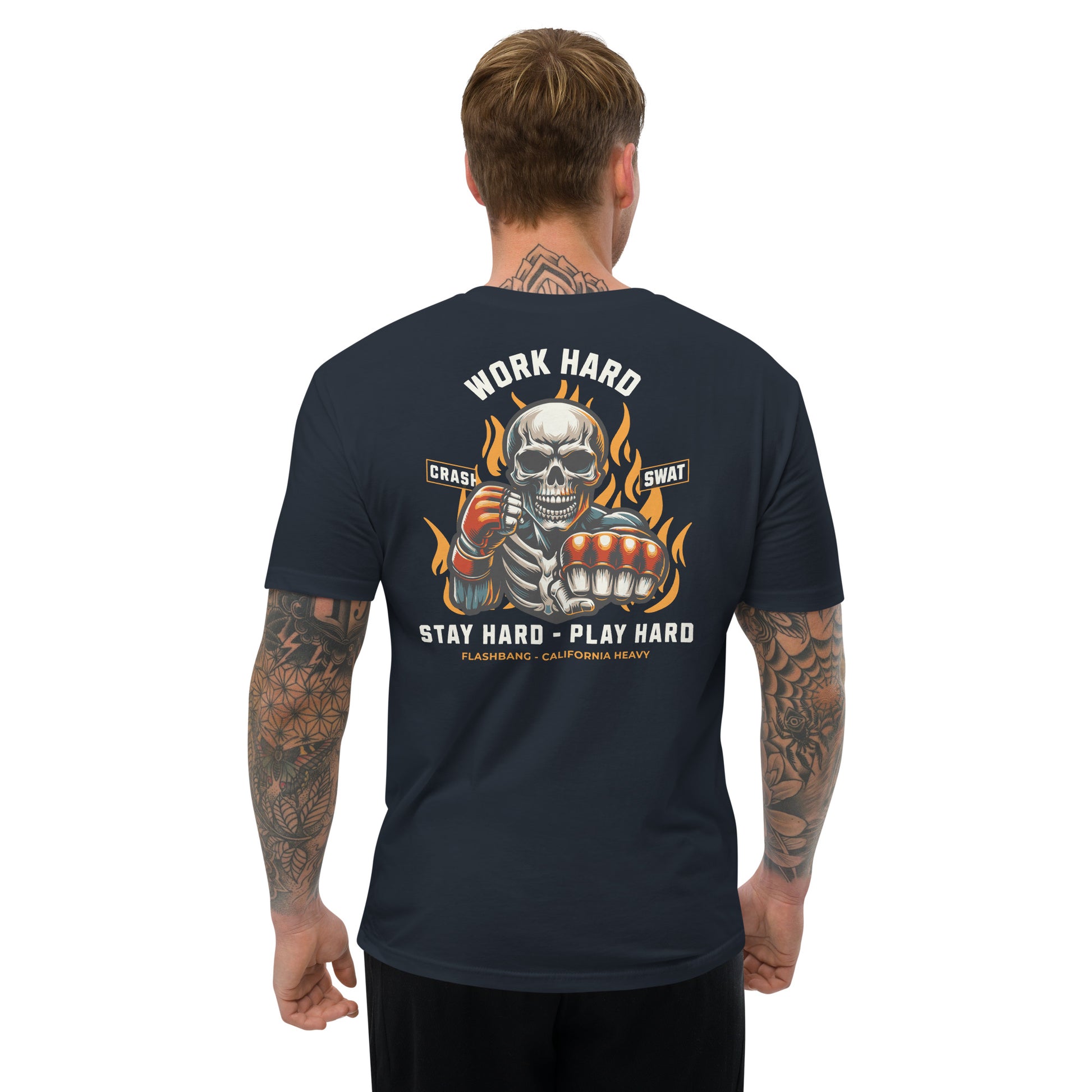 Man wearing a black t-shirt with a graphic design on the back, featuring text and a skull.