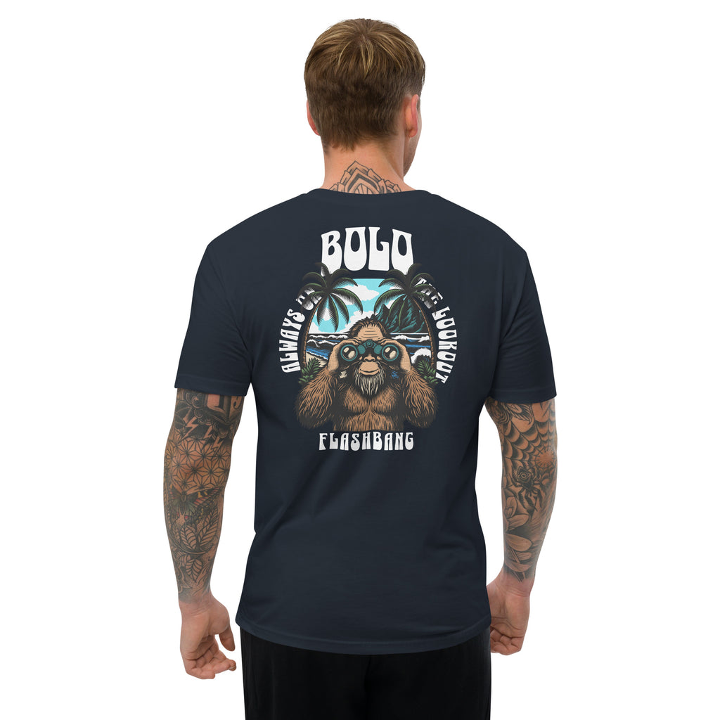 Man wearing a black t-shirt with a graphic design on the back, featuring text and a sloth illustration.