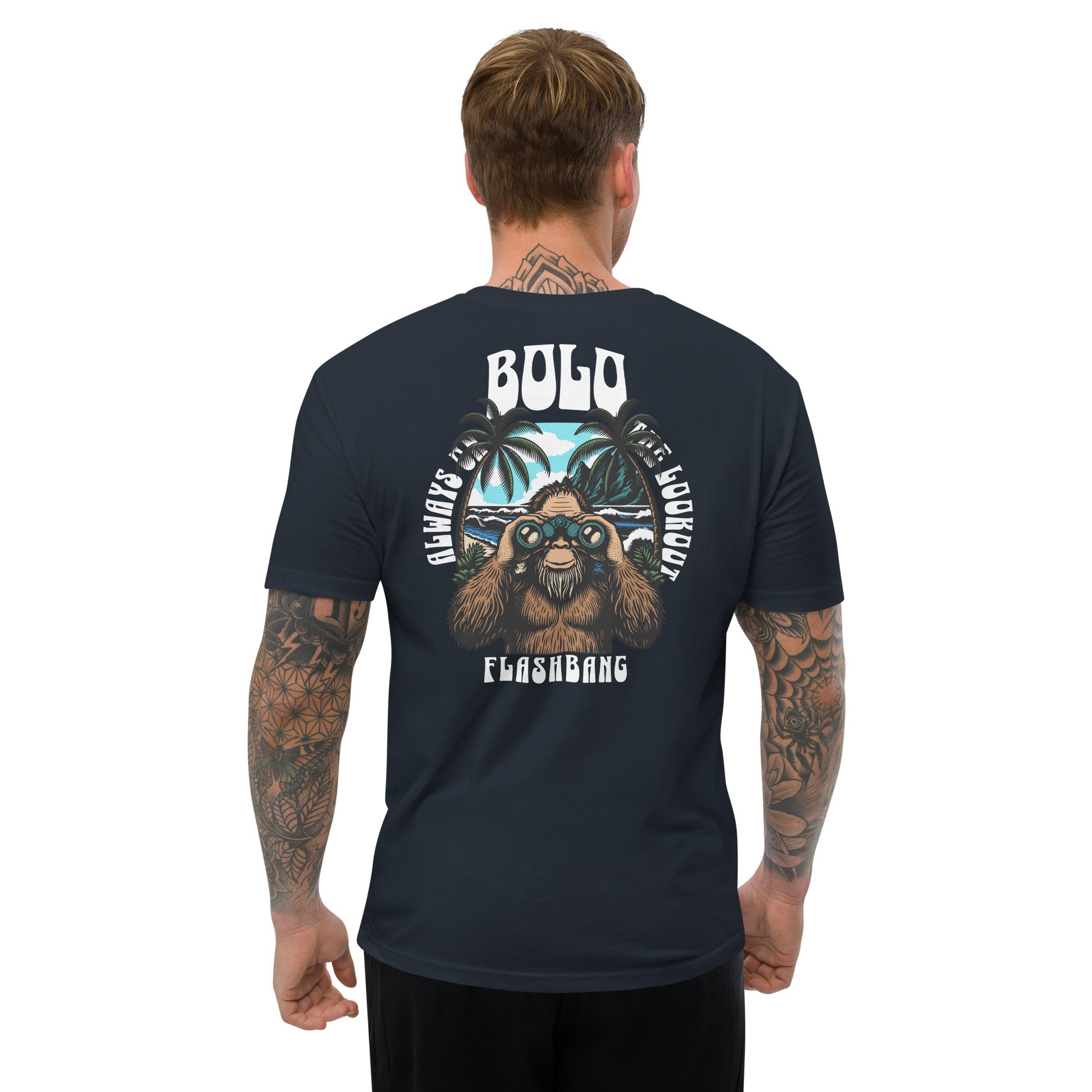 Man wearing a black t-shirt with a graphic design on the back, featuring text and a sloth illustration.