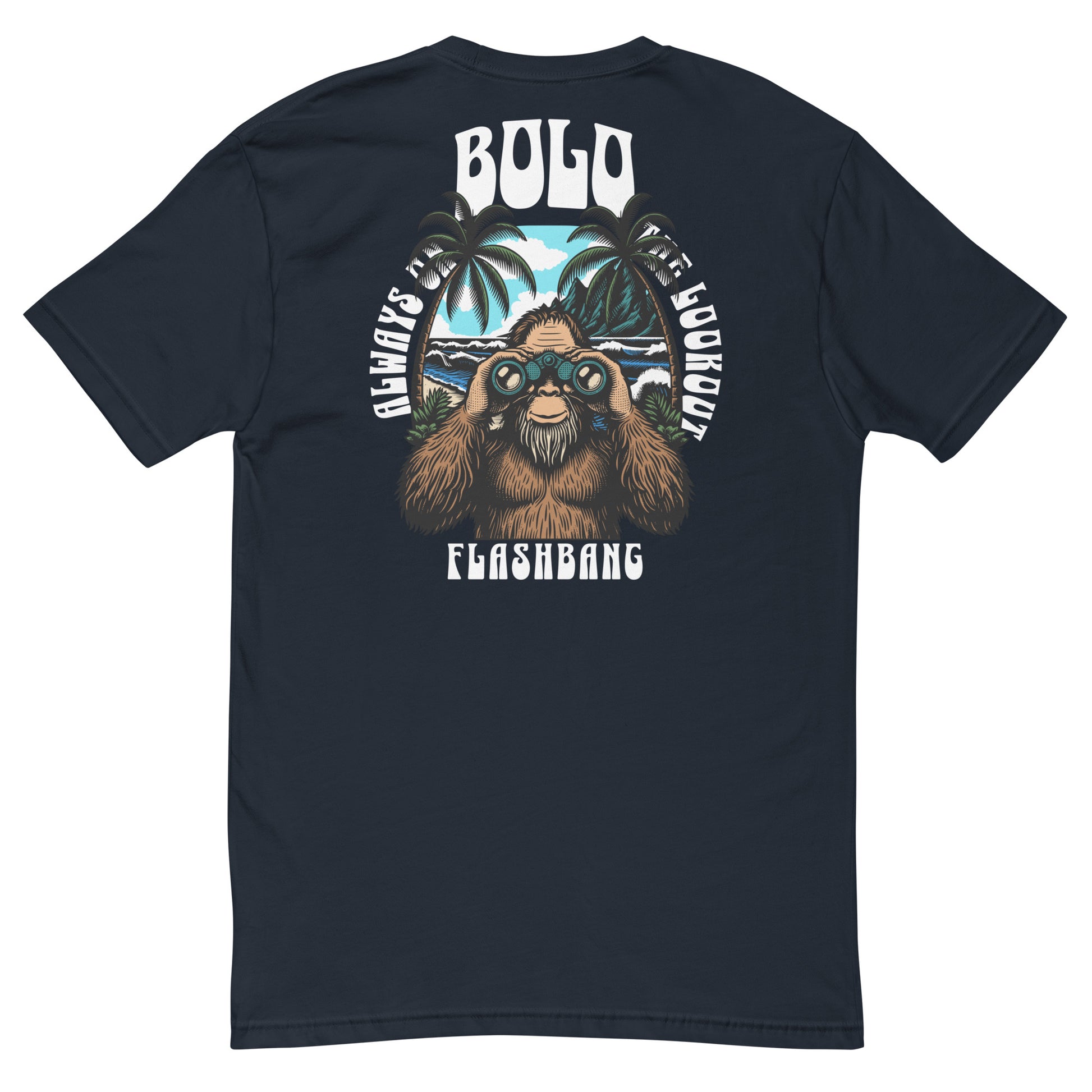 Black t-shirt with a graphic design on the back featuring a bear and text.
