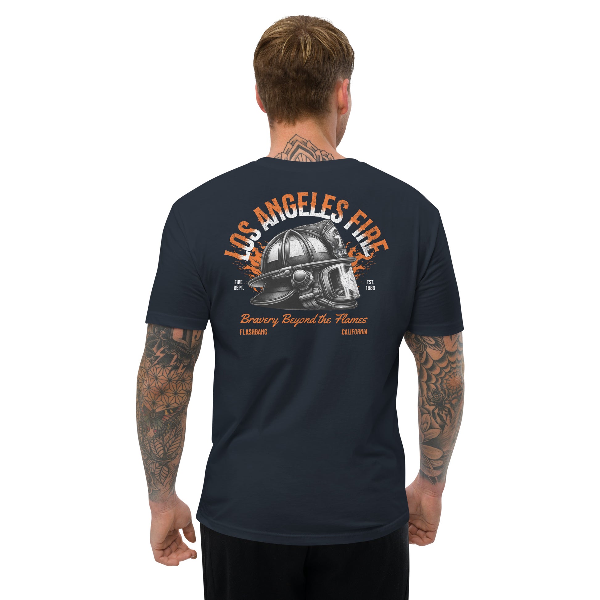 Man wearing a navy blue t-shirt with 'Los Angeles Fire' graphic on the back, on a white background