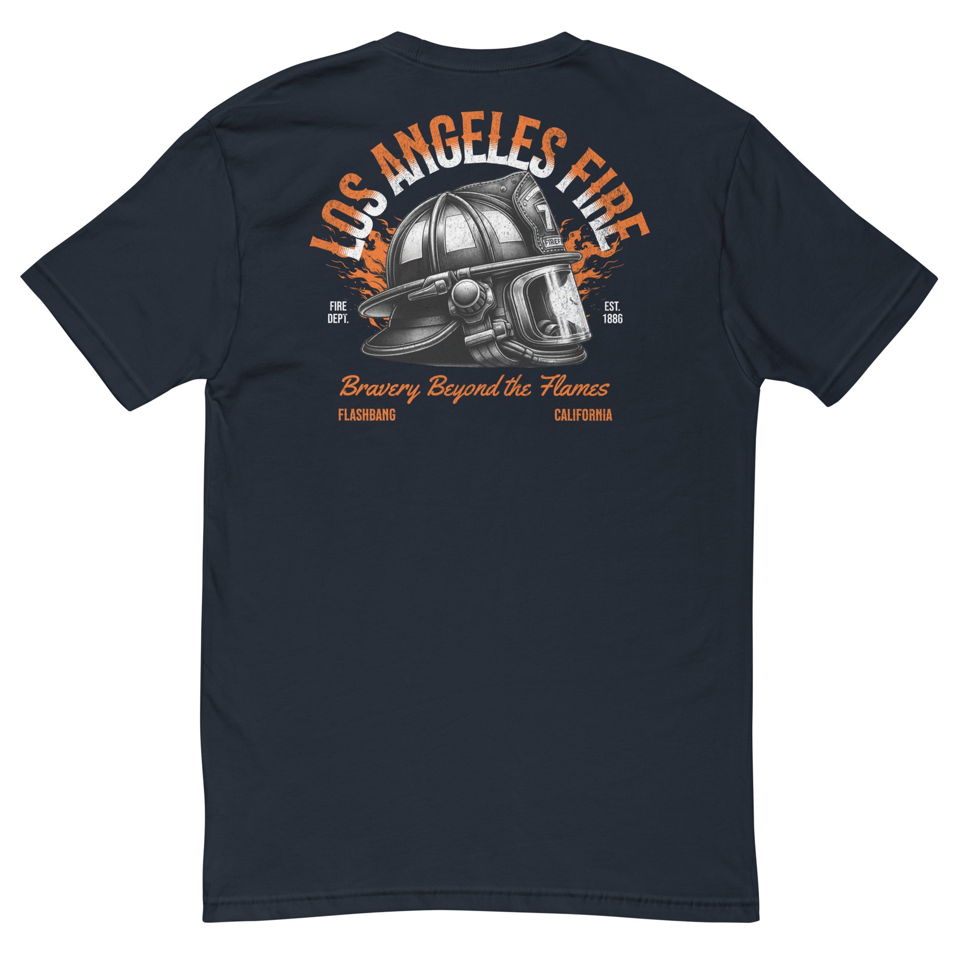 Black t-shirt with 'Los Angeles Fire' graphic on the back, featuring a helmet design.