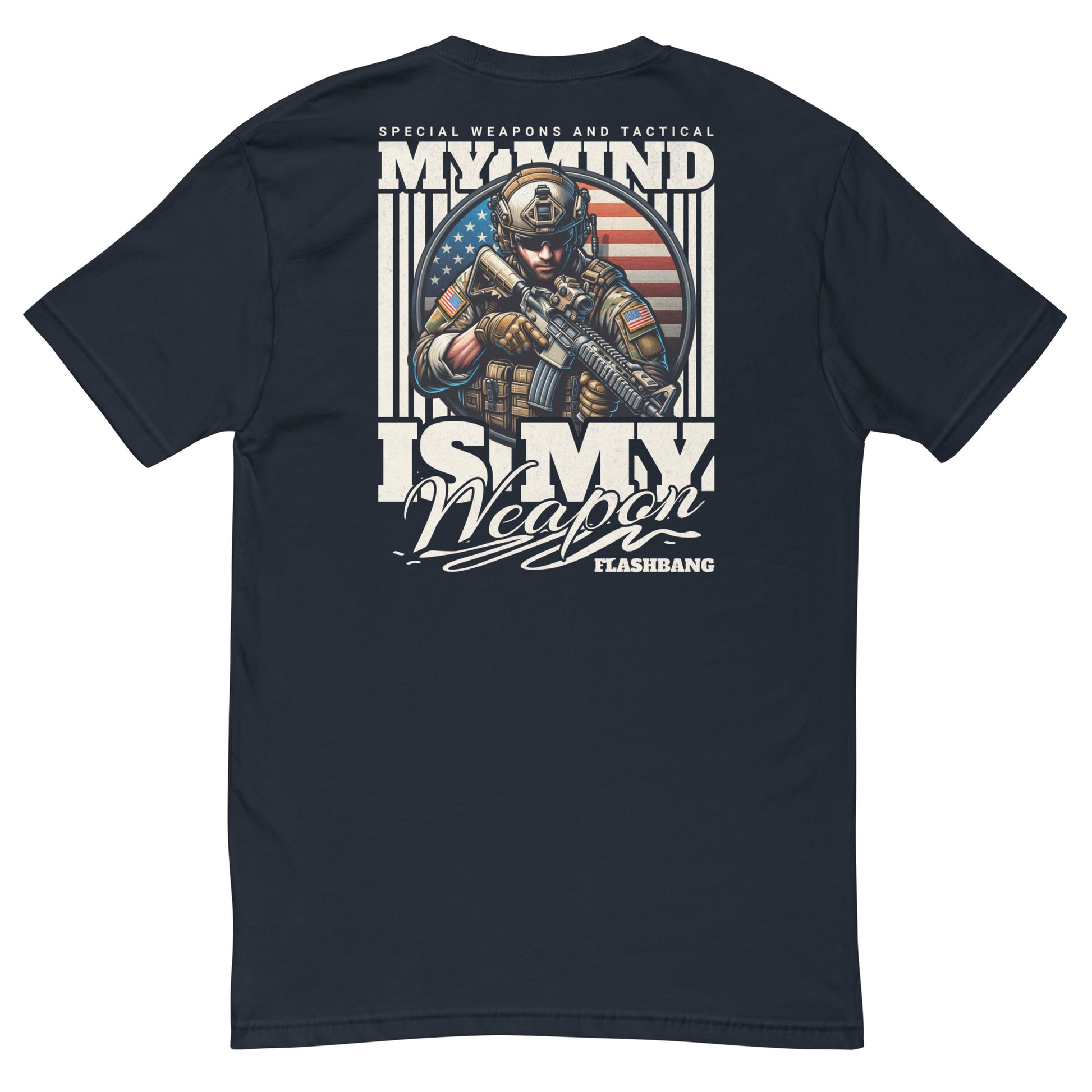 Black t-shirt with graphic design of a soldier and text on the back, displayed on a white background.