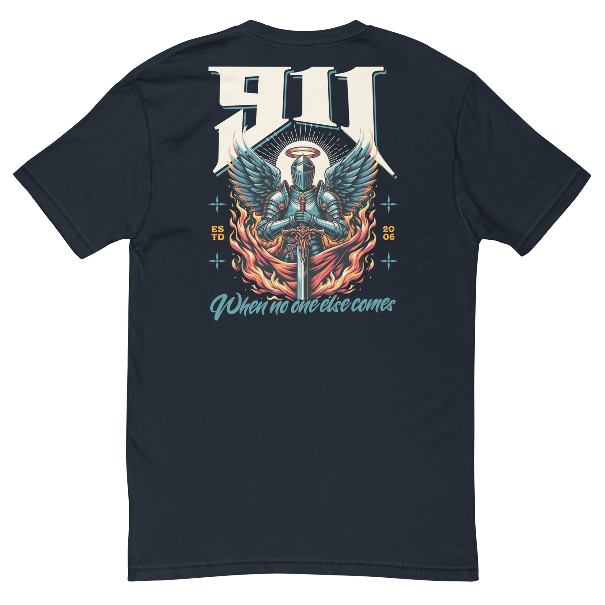 Black t-shirt with a graphic design on the back featuring a helmeted figure with wings and flames.