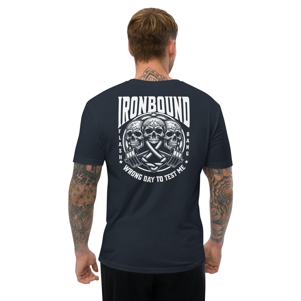 Man wearing a black t-shirt with 'Ironbound' logo and text on the back, on a white background
