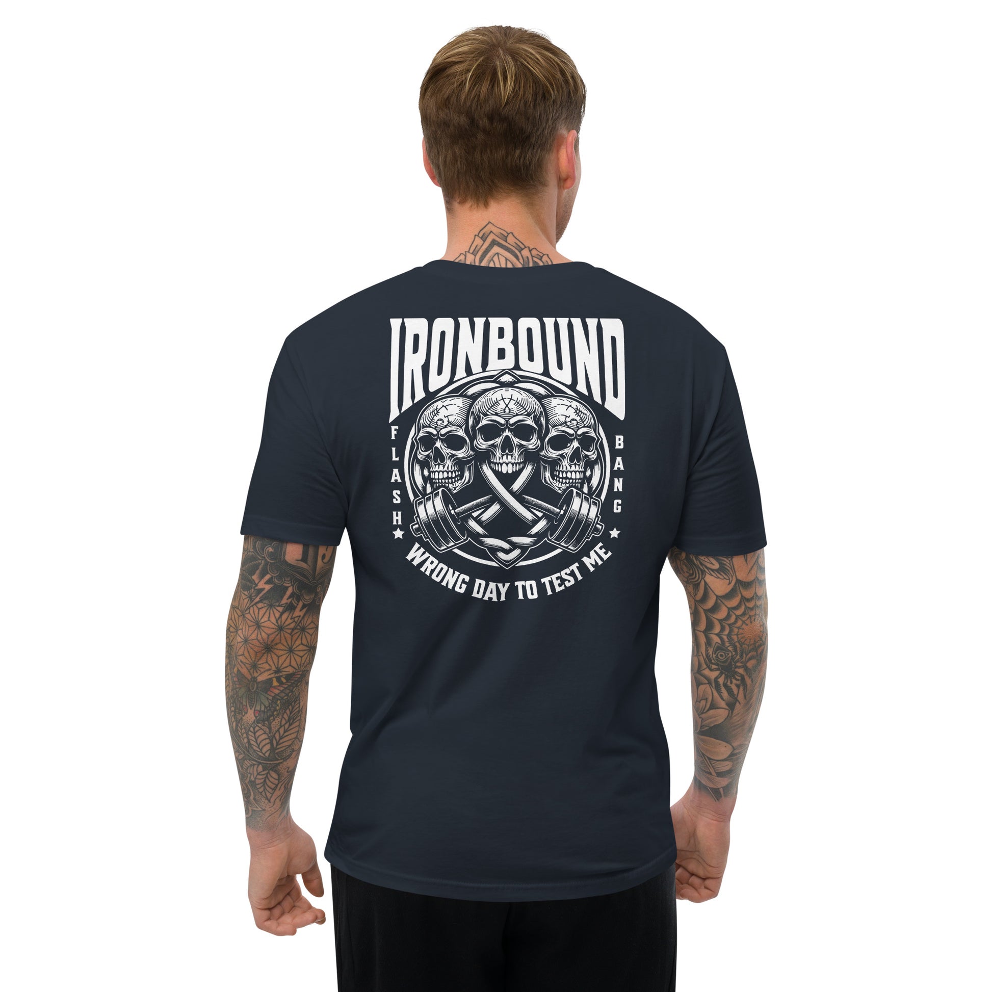 Man wearing a black t-shirt with 'Ironbound' logo and text on the back, on a white background