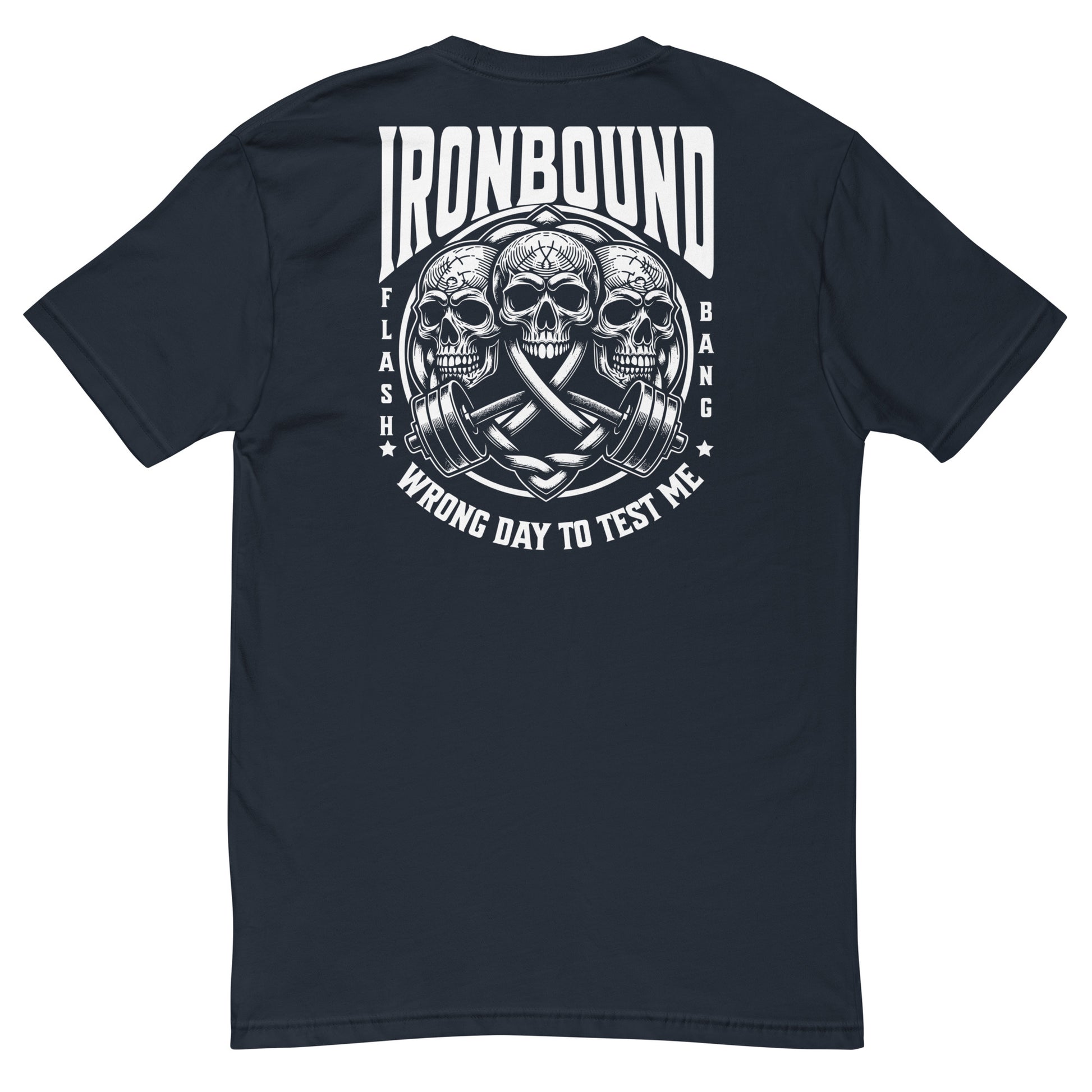 Black t-shirt with skull and barbell graphic on the back, featuring the brand 'Ironbound'.
