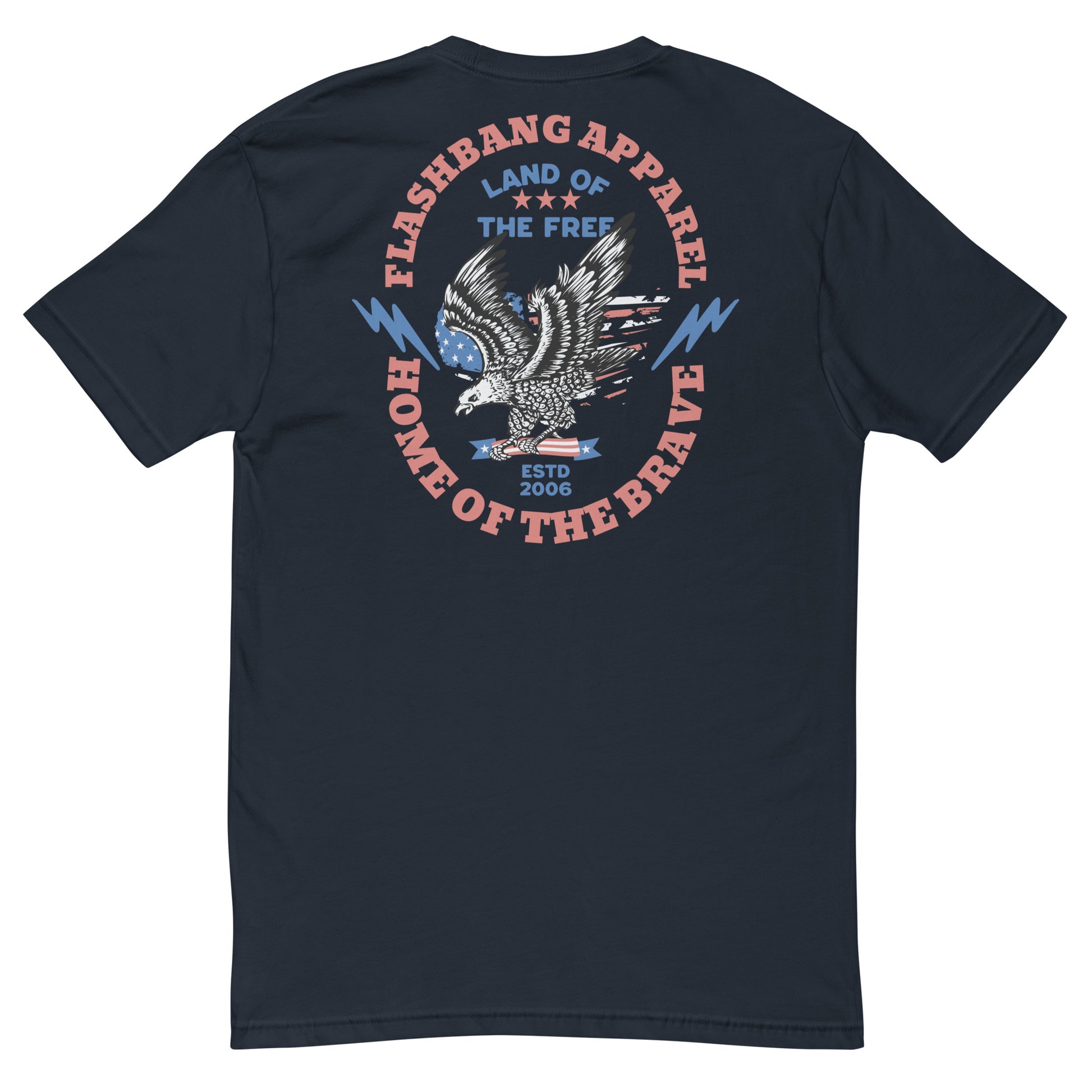 Black t-shirt with an eagle graphic and text on the back, displayed on a white background.