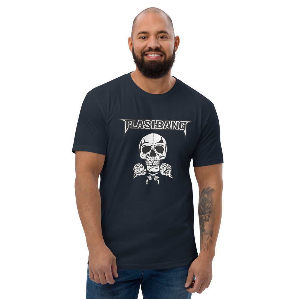 Skull and Roses RS T-shirt featuring a vintage skull and rose design - Front View - Midnight Navy - Model Guy