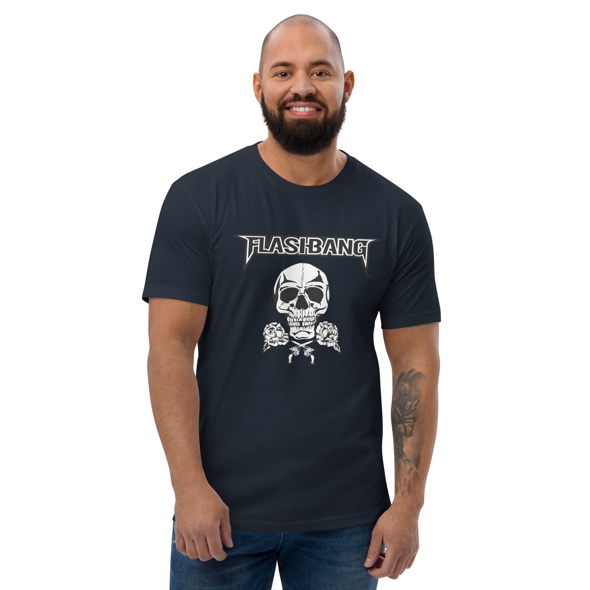 Skull and Roses RS T-shirt featuring a vintage skull and rose design - Front View - Midnight Navy - Model Guy