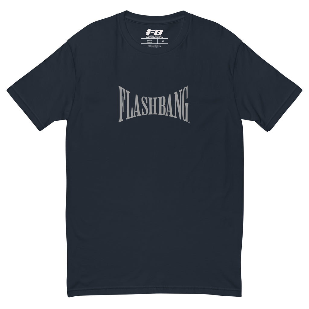 Warrior T-shirt - Train Hard Stay Ready. Veteran support, rugged durability, and powerful quotes for men who train hard - Front View - Midnight Navy with Flashbang Text